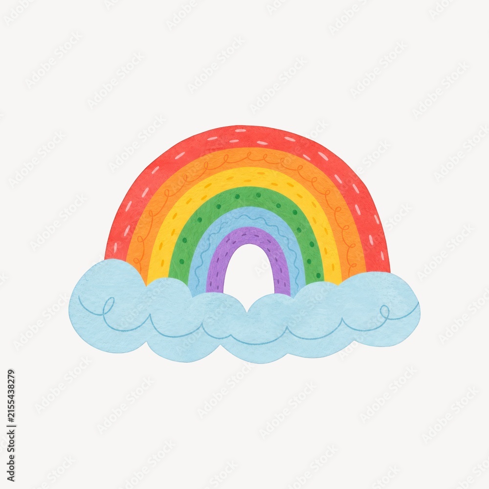 Fototapeta premium A whimsical, watercolor-style rainbow arching over soft blue clouds, perfect for children's nursery decor and playful graphic design projects.