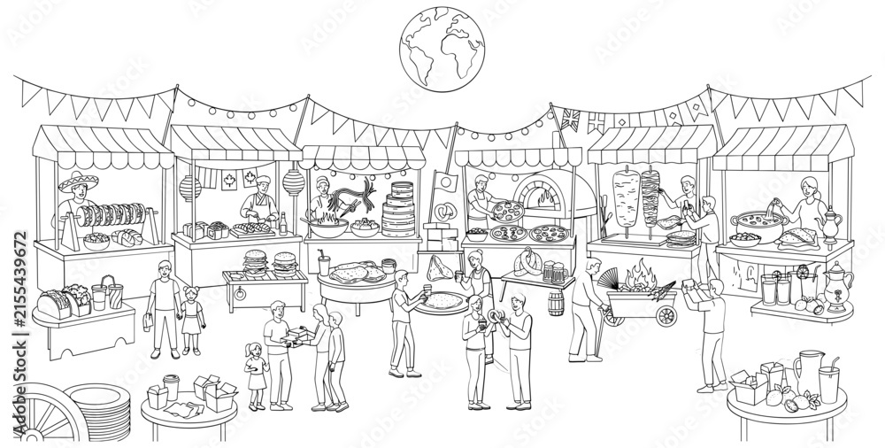 Fototapeta premium Global food festival featuring diverse cuisines people enjoying street eats worldwide