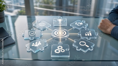 Business strategy puzzle network with digital icons connecting to a central target representing integrated solutions