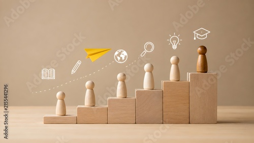 Ascending wooden stairs with peg figures and paper airplane symbolizing educational growth and career journey