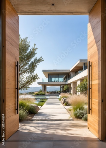 Open wooden doors revealing modern luxury home with garden and pool