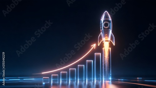 Holographic rocket launching from glowing upward chart blocks symbolizing rapid digital business success