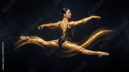 Ballerina Performing Grand Jet with Golden Light Trails