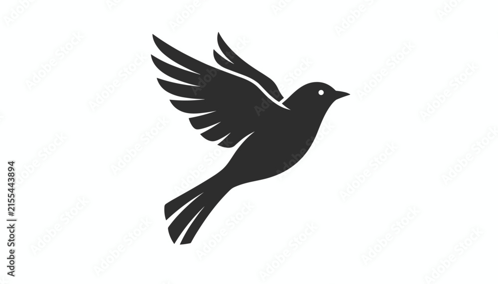 Fototapeta premium Sleek black silhouette of a small bird flying with wings spread wide, representing freedom and peaceful nature.