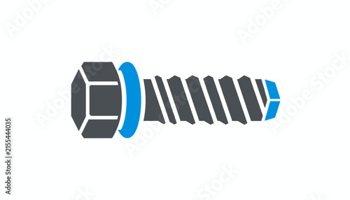 Industrial steel bolt or self-tapping screw featuring a blue sealing washer, isolated on a clean white background.