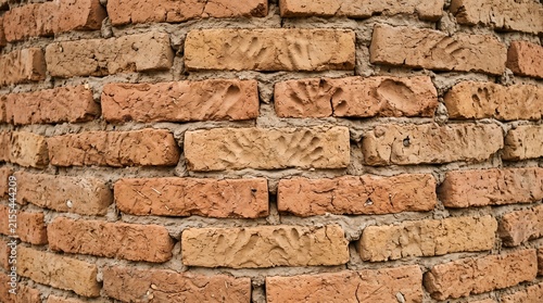 Ancient brick wall with handprint patterns, weathered terracotta masonry texture, historic clay brickwork with hand impressions isolated PNG with Transparent Background