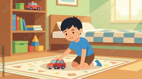 Little boy playing with red toy car on floor carpet in bedroom vector illustration