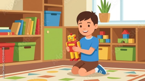 Little boy playing with colorful toy robot on floor in playroom vector illustration