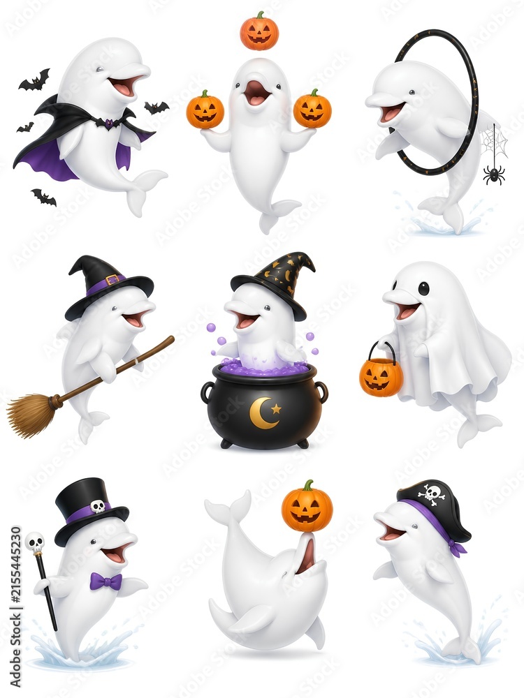 Obraz premium Nine cartoon beluga whales are depicted in a festive Halloween theme. Each character sports a whimsical costume, including a vampire, witch, ghost, and pirate. Set against a clean white background.