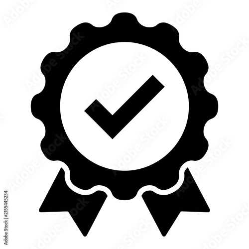 Black check mark award icon on white background symbolizing success