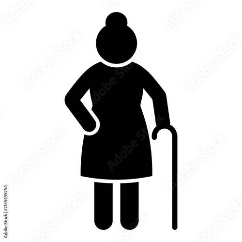 Elderly woman icon with cane standing confidently alone