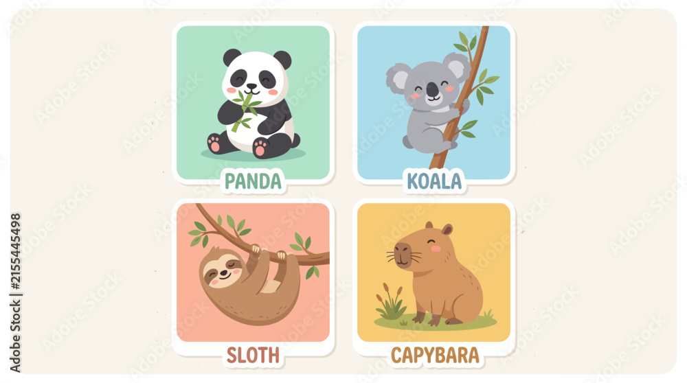 Fototapeta premium Cute Cartoon Animals: Panda, Koala, Sloth, Capybara - Educational Set