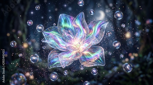 Ethereal crystal flower glowing in dark forest, iridescent glass lotus with floating bubbles, magical fantasy floral art isolated PNG with Transparent Background