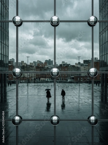 People walking through a wet urban plaza during rainy weather