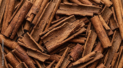 A large pile of raw cinnamon bark pieces scattered across a flat surface, showing rich brown textures and shapes