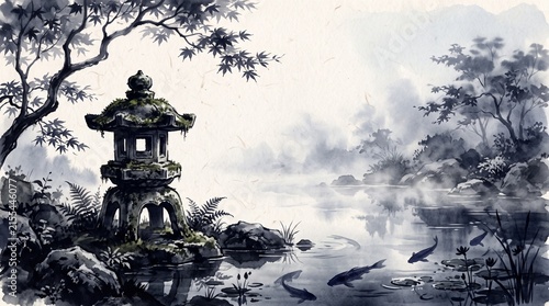 Japanese zen garden ink painting, traditional stone lantern by koi pond, misty oriental landscape with maple trees and fish isolated PNG with Transparent Background