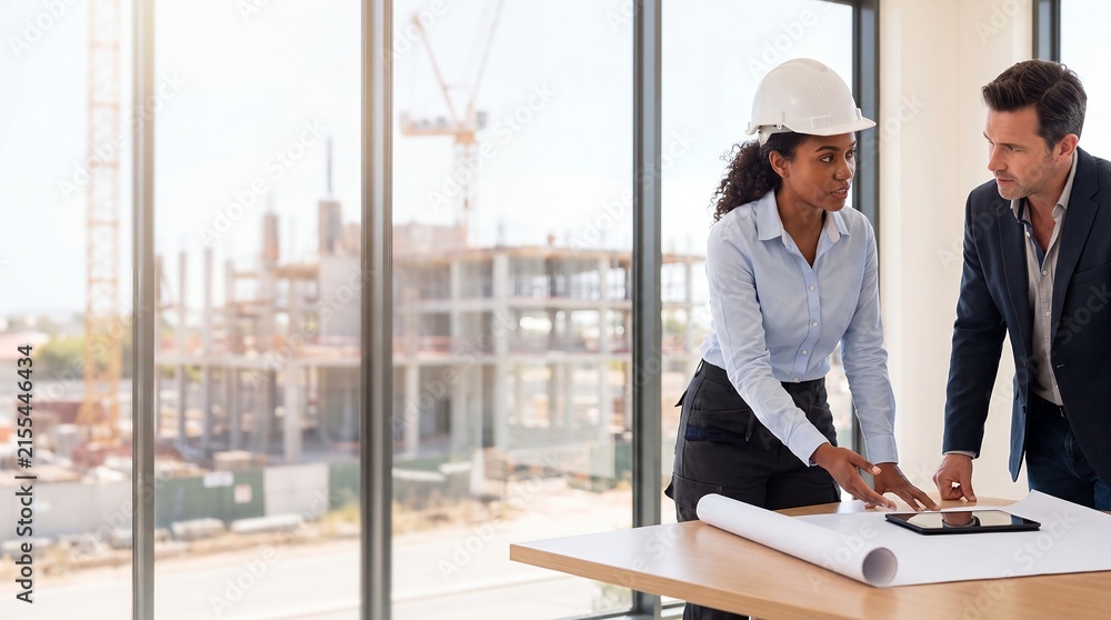 Fototapeta premium civil engineer interview construction manager blueprint job hiring recruitment woman shows a hardhat professional reviewing plans with a manager beside an active building site for technical careers