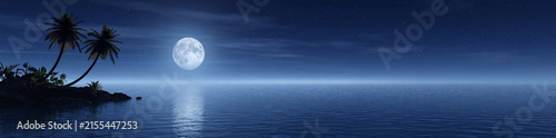 A tranquil tropical island scene at night with a bright full moon reflecting on the calm ocean waters, creating a serene and peaceful atmosphere for escape and relaxation
