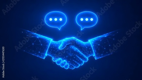 Glowing blue digital wireframe handshake below speech bubbles for virtual business agreement