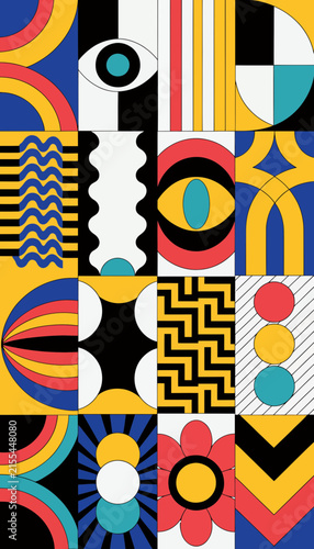 Abstract Geometric Patterns Mosaic, Retro Art, Bold Colors, Isolated
