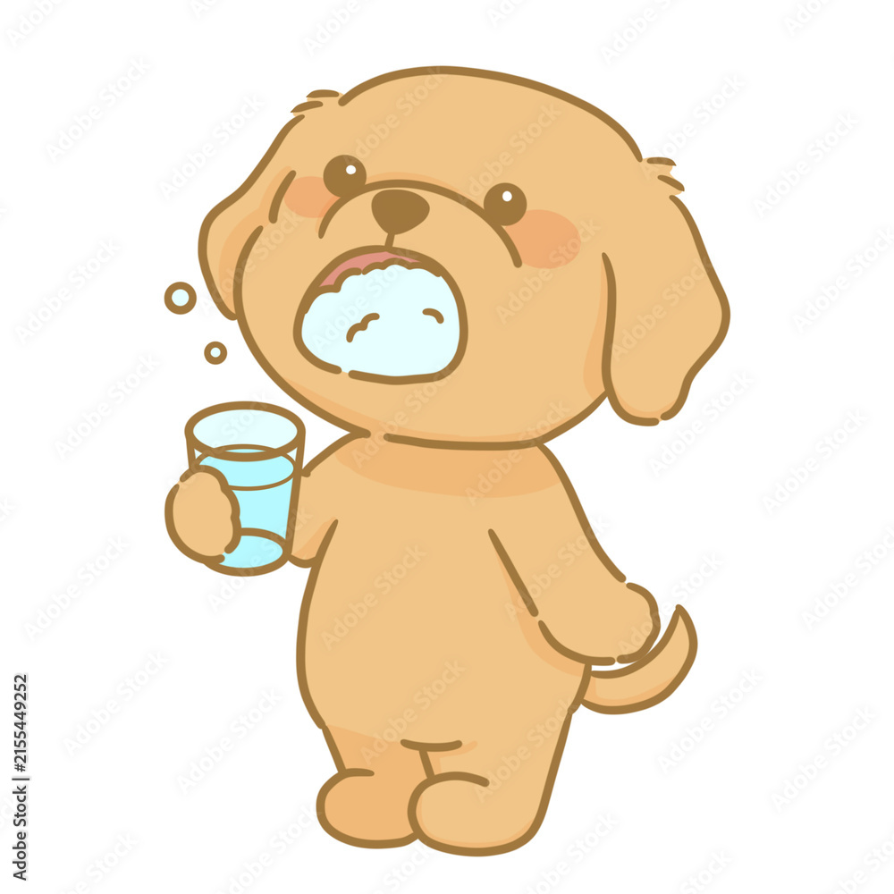 Fototapeta premium うがいをする可愛い茶色い犬の手描きイラスト
