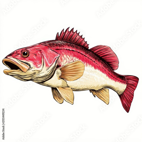 Vibrant Red Rockfish Illustration With Intricate Scale Details Isolated On A Plain White Background