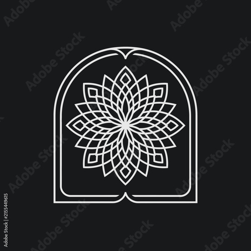 Geometric mandala line art inside decorative arch.
