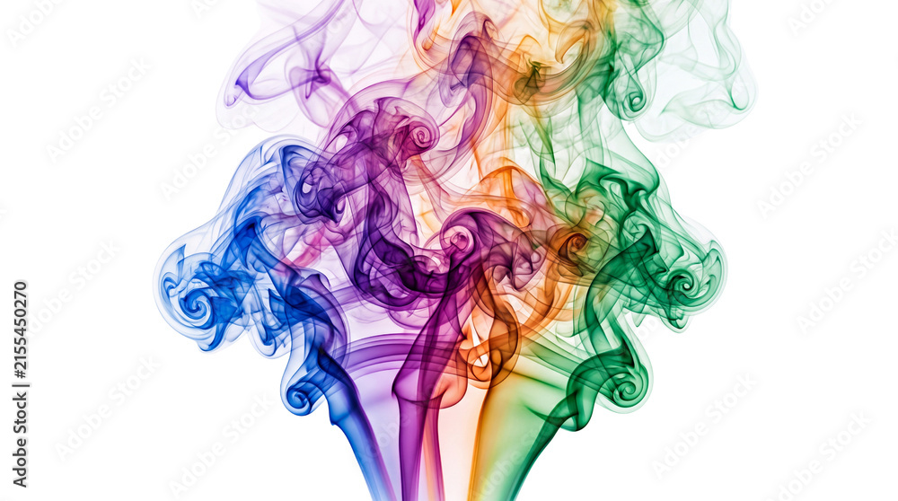 Fototapeta premium Rainbow colored smoke plumes, vibrant abstract ink swirls, artistic multi-colored vapor clouds for creative design projects isolated PNG with Transparent Background