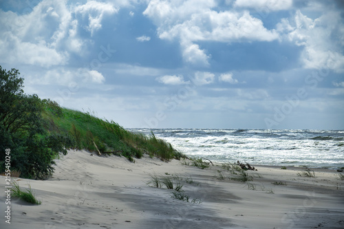 Foto Windblown Sand Dunes And Wild Grass Along Stormy Beach Waves Under Dramatic Clou