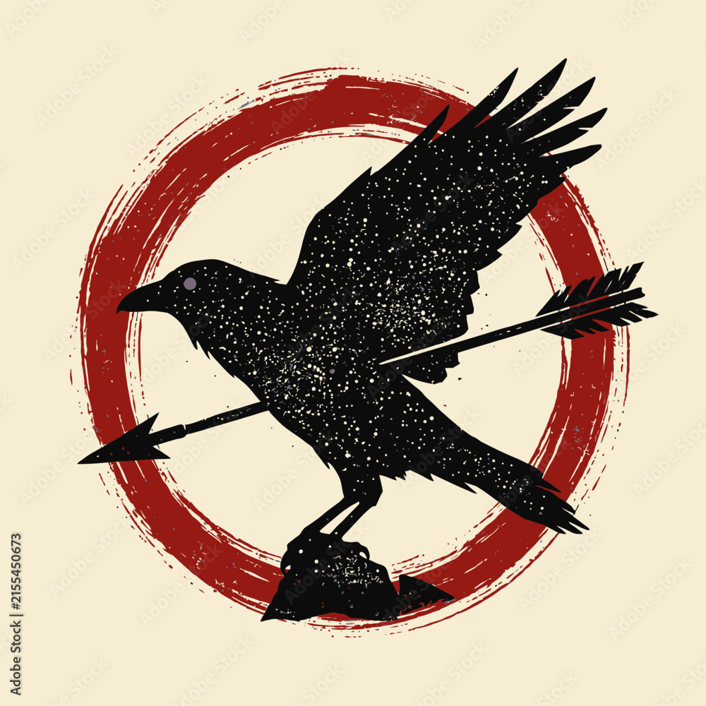 Obraz premium Black raven silhouette pierced by arrow in red circle.