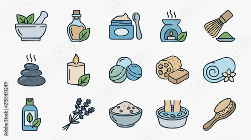 Clean and Minimalistic Flat Illustrations of Spa and Wellness Products and Rituals in Soft Pastel Colors