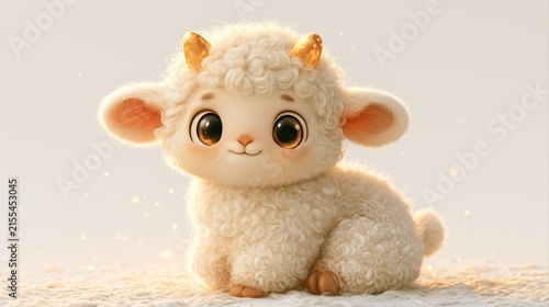 A fluffy white lamb sits on a light background, adorable farm animal character, cute childhood concept, springtime.