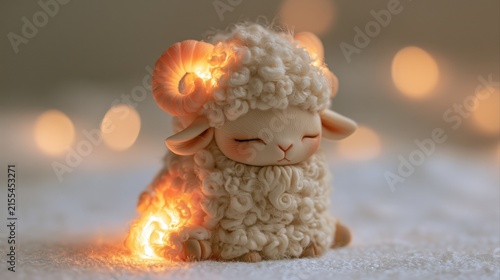 A fluffy goat kid with glowing fiery horns sits against a warm blurred background, magical character, Christmas, New Year.