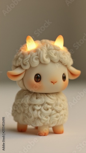 A cute cream colored goat kid with small glowing horns stands in a cozy holiday setting, whimsical character, Christmas, New Year.