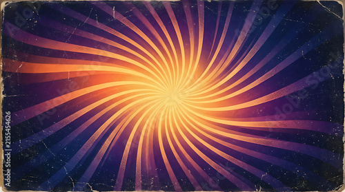 Vintage retro sunburst background with swirling sun rays and distressed texture