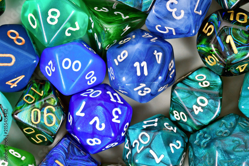 Konstfotografi Close up of blue and green roleplaying game RPG dice