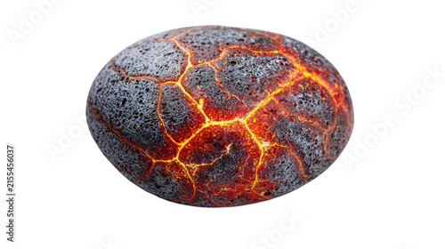 Cracked volcanic rock sphere with glowing molten lava veins texture fire and stone concept 3D render close up isolated on White background