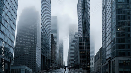 A solitary person strolls through a foggy city street surrounded by tall buildings with reflections shimmering on the wet pavement creating a mysterious atmosphere