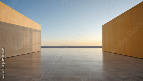 Minimalist architectural scene with geometric shapes and warm sunset light