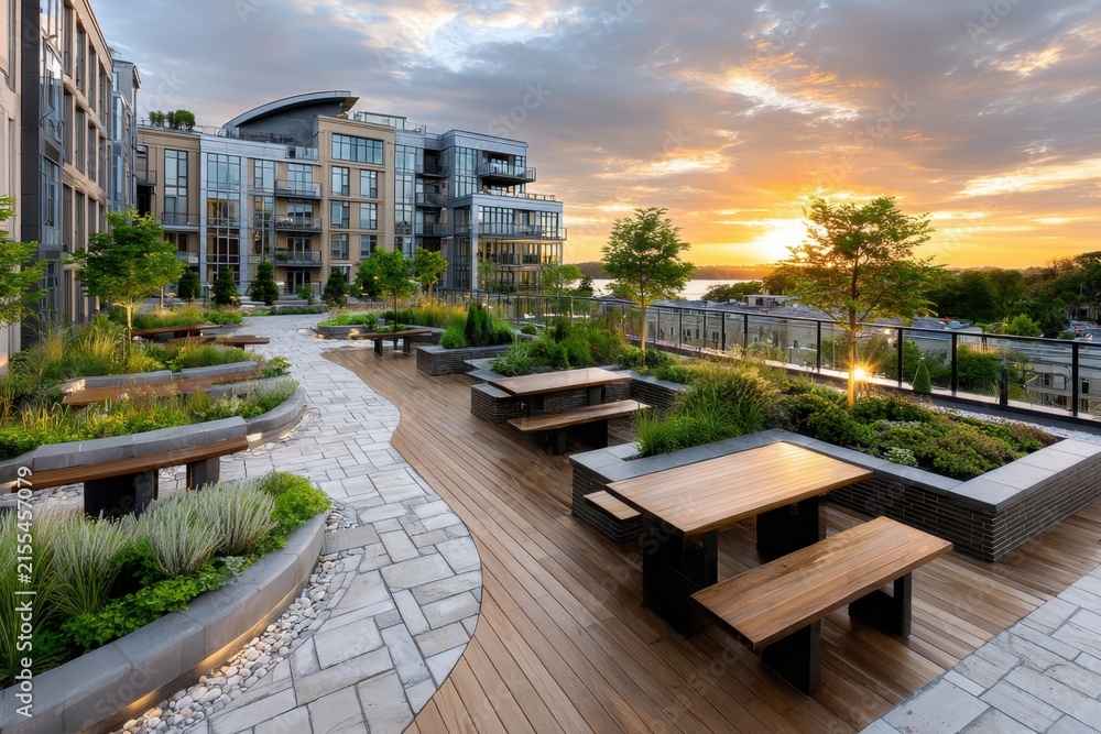 Fototapeta premium Modern Rooftop Patio with Sunset View