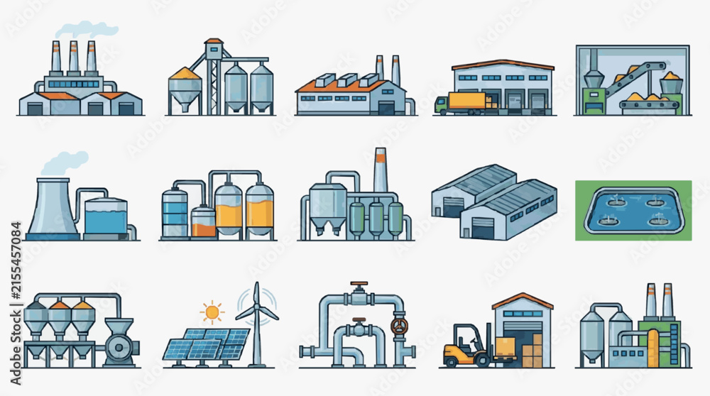 Fototapeta premium Minimalist Illustrations of Various Industrial Facilities and Renewable Energy Systems in Colorful Style
