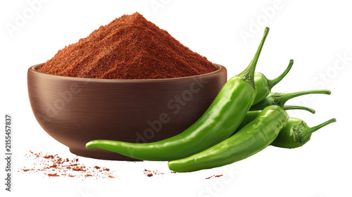 Red chili powder in wooden bowl with fresh green chili peppers spicy Mexican Indian seasoning ingredient food photography isolated on White background