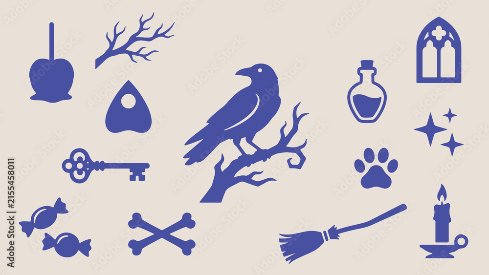 Obraz premium Spooky Halloween Symbols Set with Raven on Branch and Magic Icons Vector Illustration