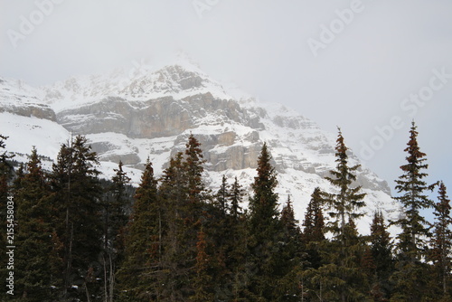 Historic Num Ti Jah Lodge on turquoise Bow Lake in Banff National Park, Alberta, Canada. Scenic mountain resort, red roof lodge, reflection, rocky mountains, sunny summer travel destination view.