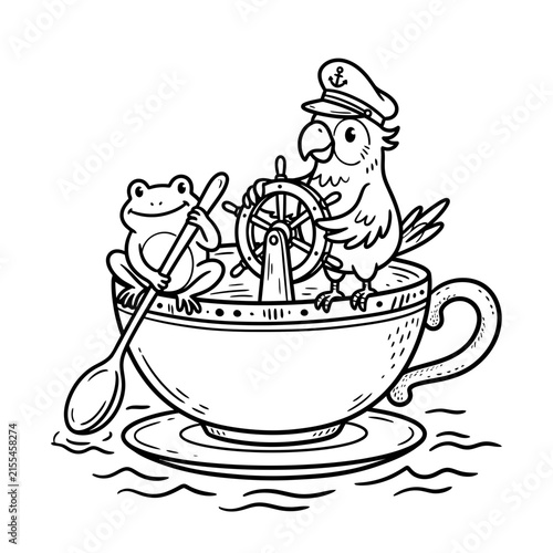 Bird and frog sailing in teacup boat