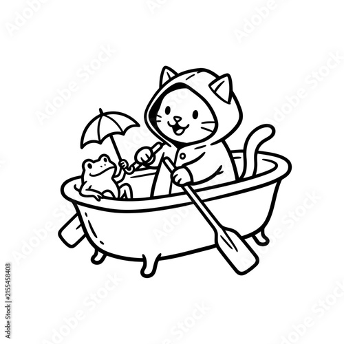 Cat and frog rowing bathtub boat with umbrella.