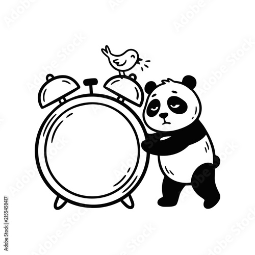Sleepy panda leaning on large alarm clock.