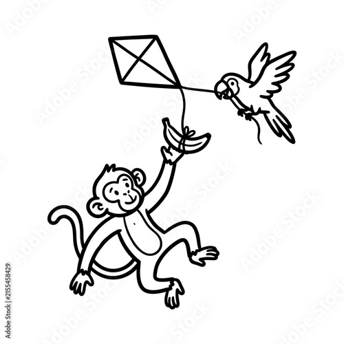 Monkey hanging with kite and parrot.