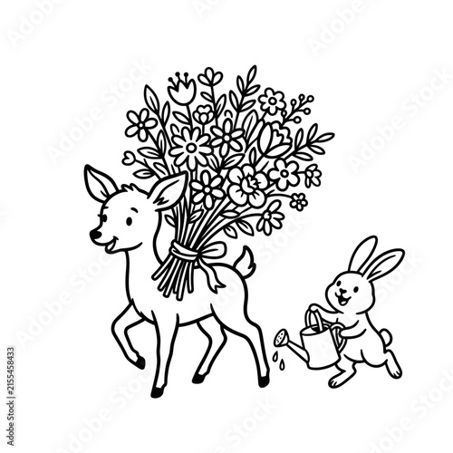 Fawn with bouquet and bunny watering plants.