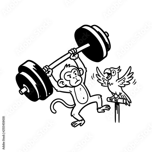 Strong monkey lifting heavy barbell with parrot friend.